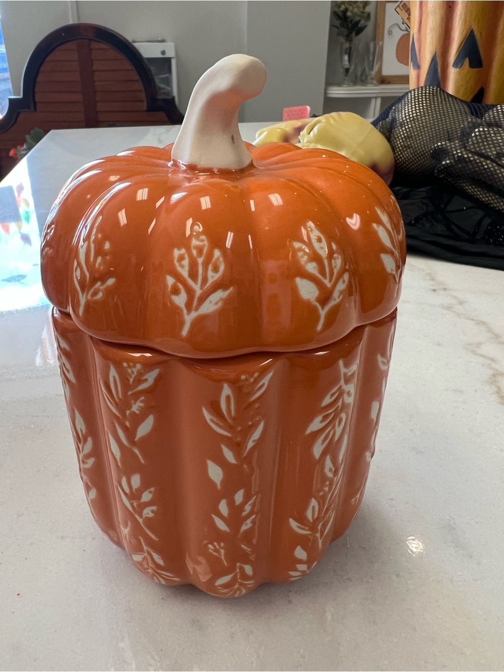 Decorative 4” tall Ceramic Pumpkin Canister - Orange -